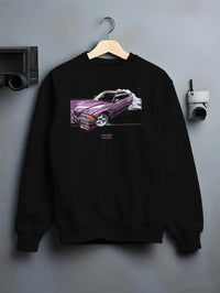 Black crewneck sweatshirt on a hanger against a grey wall, featuring BMW E36 rs turbo racing drift motorsport jdm euro graphic.