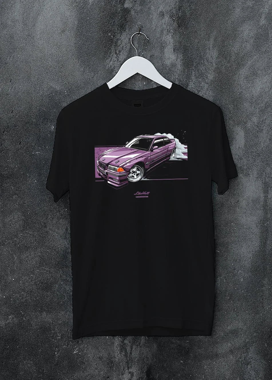 Black crewneck T-shirt on a hanger against a grey wall, featuring BMW E36 rs turbo racing drift motorsport jdm euro street graphic.