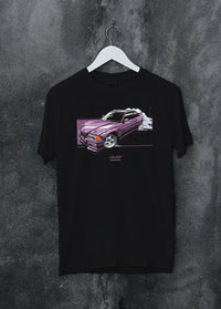 Black crewneck T-shirt on a hanger against a grey wall, featuring BMW E36 rs turbo racing drift motorsport jdm euro street graphic.