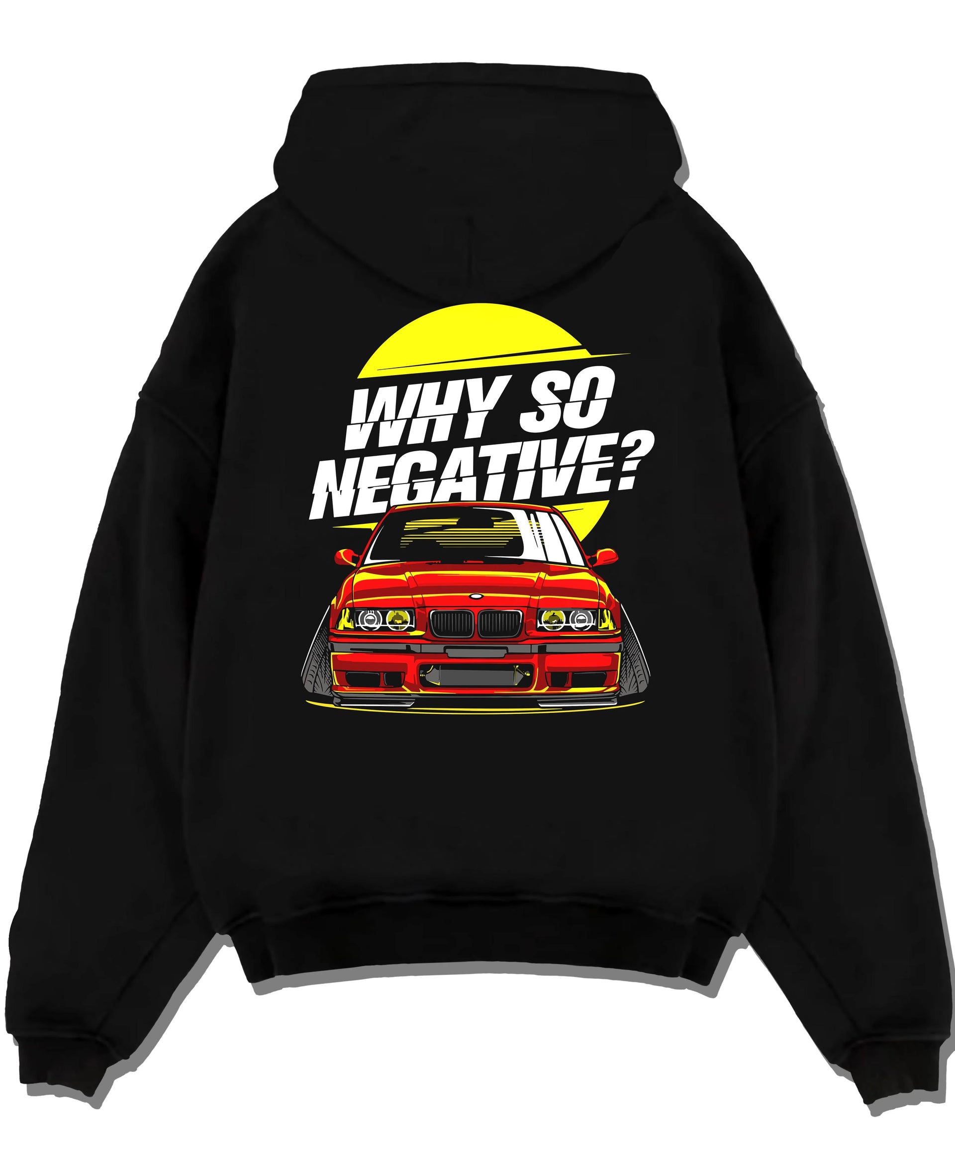 Black pullover hoodie laid flat on a white background, featuring BMW rs turbo racing drift motorsport euro german street e39cls.