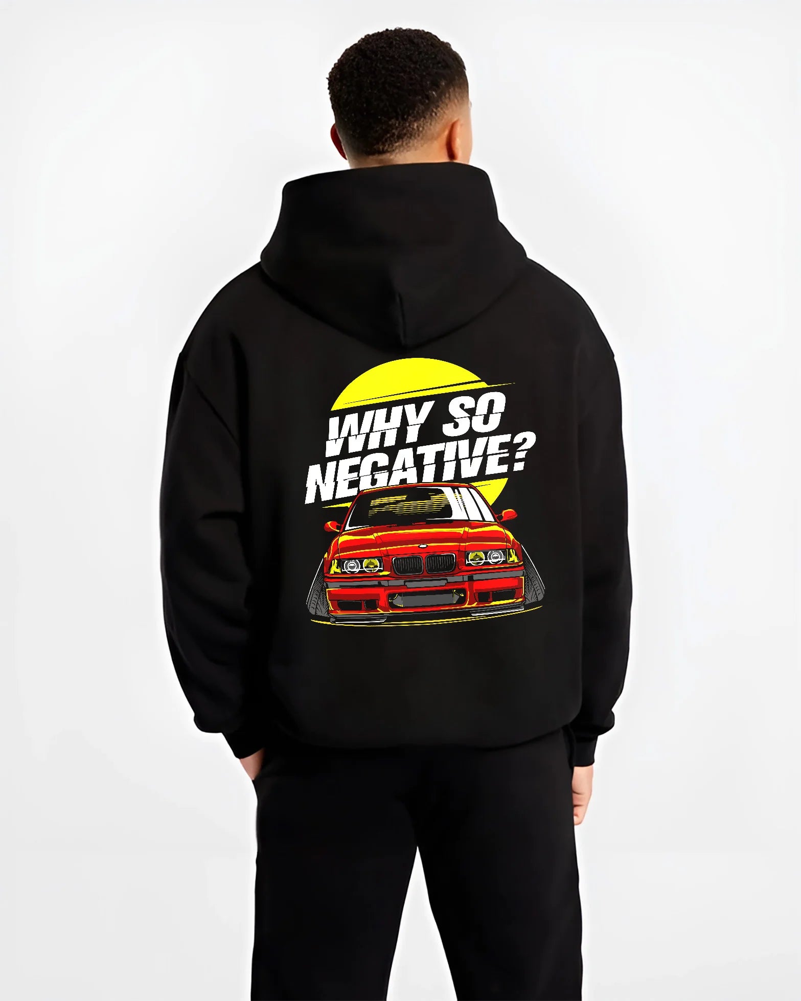Black hoodie worn by a male model, back view, featuring BMW rs turbo racing drift motorsport euro german street classic graphic.