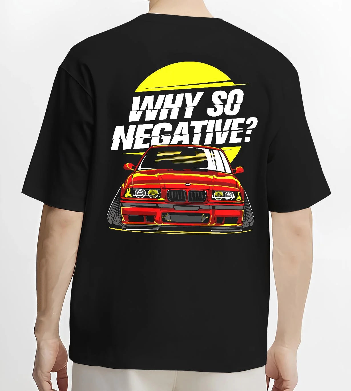 Black T-shirt worn by a male model, back view, featuring BMW rs turbo racing drift motorsport euro german street classic graphic.