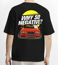 Black T-shirt worn by a male model, back view, featuring BMW rs turbo racing drift motorsport euro german street classic graphic.