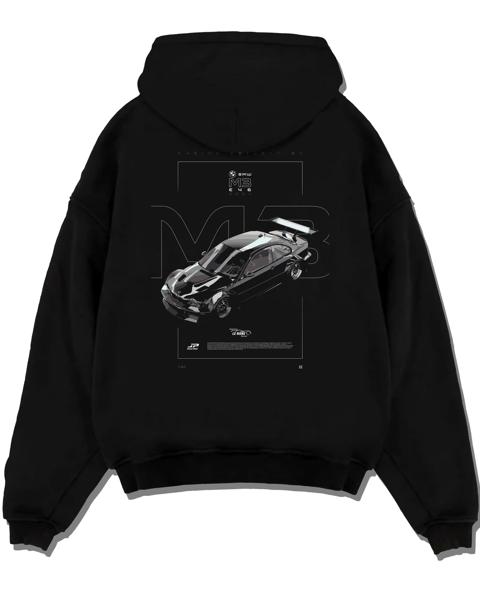 Black pullover hoodie laid flat on a white background, featuring BMW M3 gtr rs turbo racing le mans motorsport german graphic.