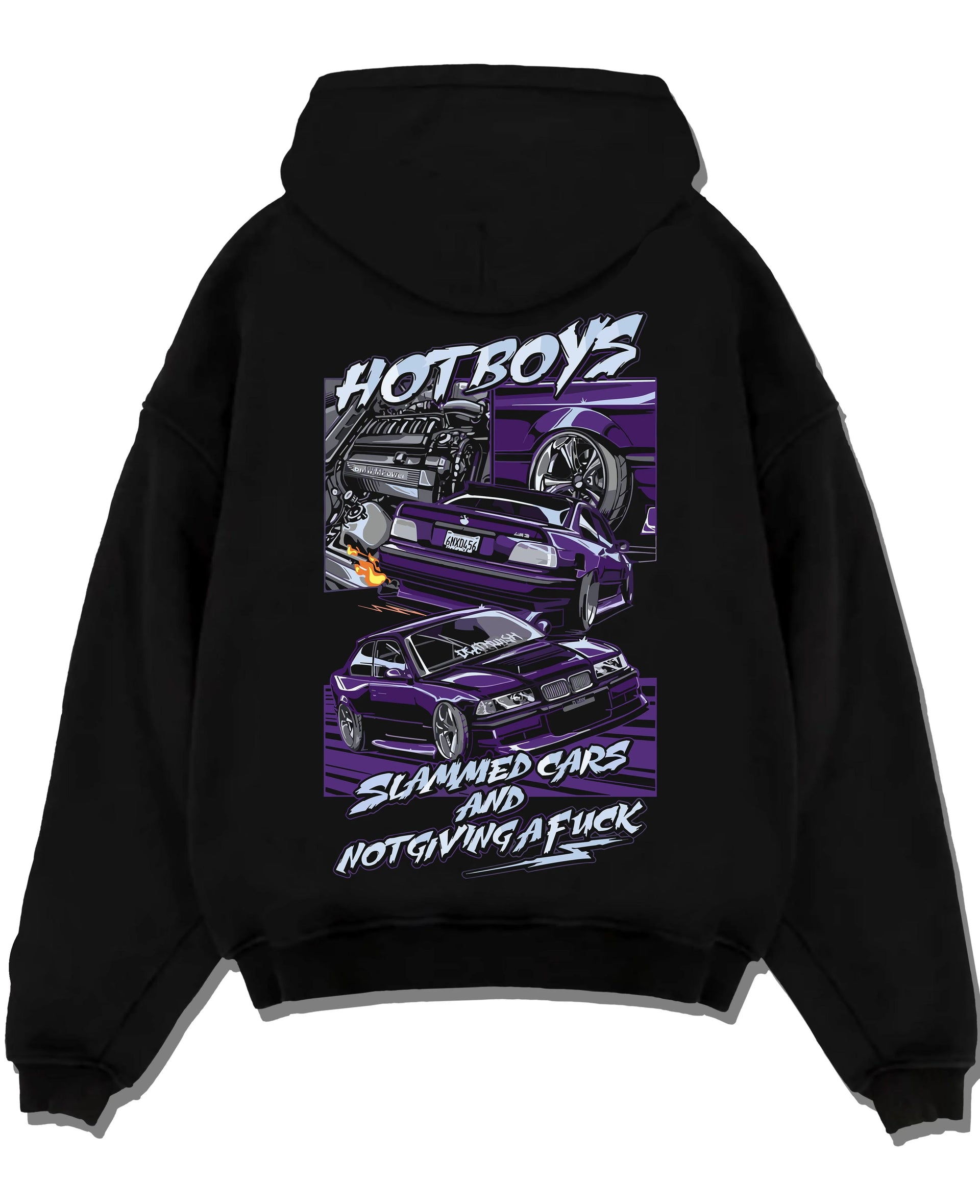 Black pullover hoodie laid flat on a white background, featuring BMW M3 rs turbo racing drift motorsport euro german street graphic.