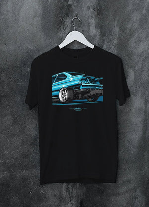 Black crewneck T-shirt on a hanger against a grey wall, featuring BMW M3 rs turbo v8 racing drift motorsport german street graphic.