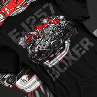 Black T-shirt laid flat with natural fabric folds, featuring Subaru turbo turbocharged racing rally jdm japanese tuner graphic.