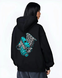 Black hoodie worn by a female model, back view, featuring tuning racing street performance motorsport automotive enthusiast graphic.