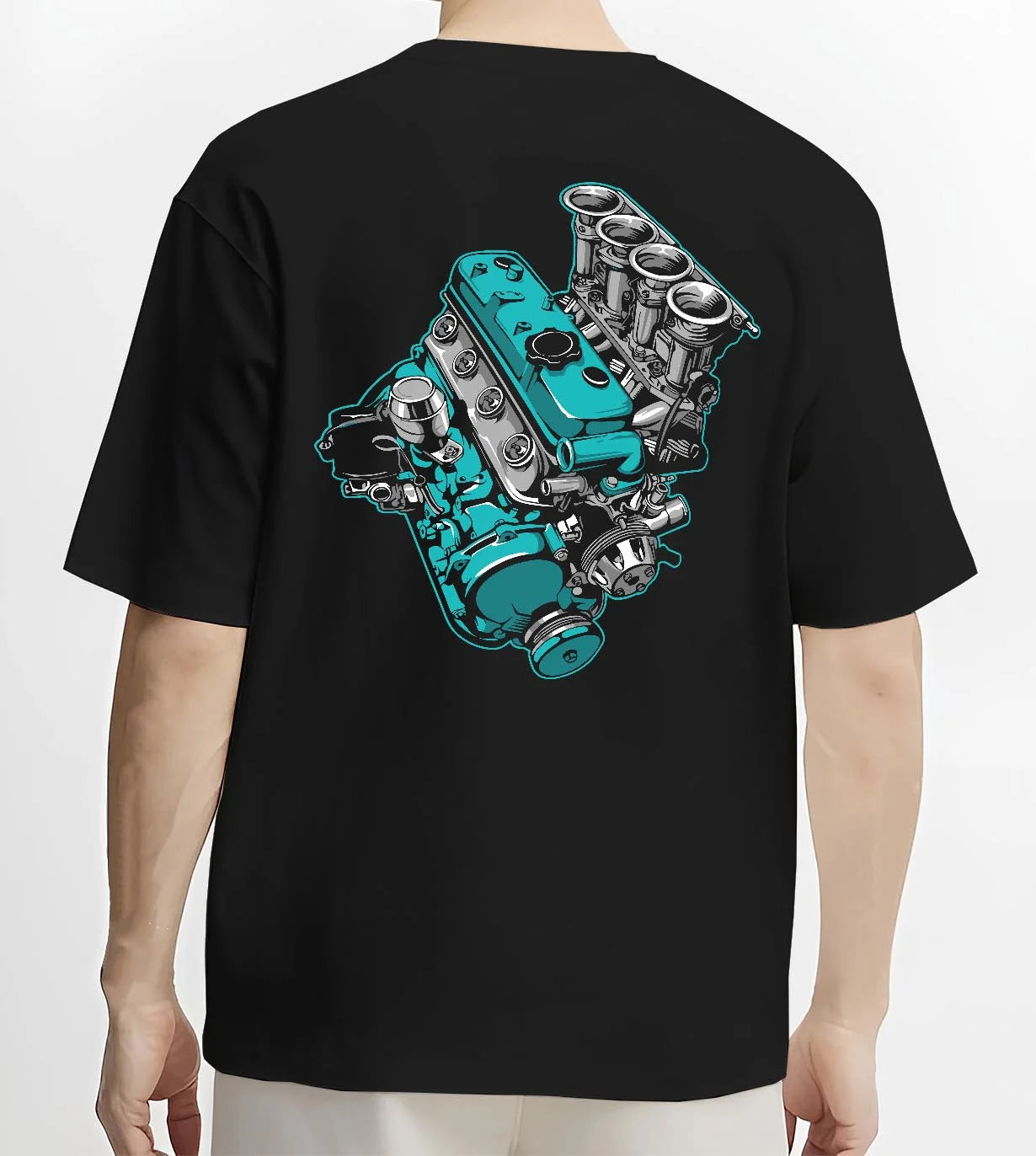 Black T-shirt worn by a male model, back view, featuring tuning racing street performance motorsport automotive enthusiast graphic.