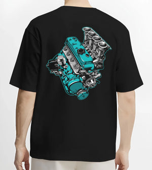 Black T-shirt worn by a male model, back view, featuring tuning racing street performance motorsport automotive enthusiast graphic.