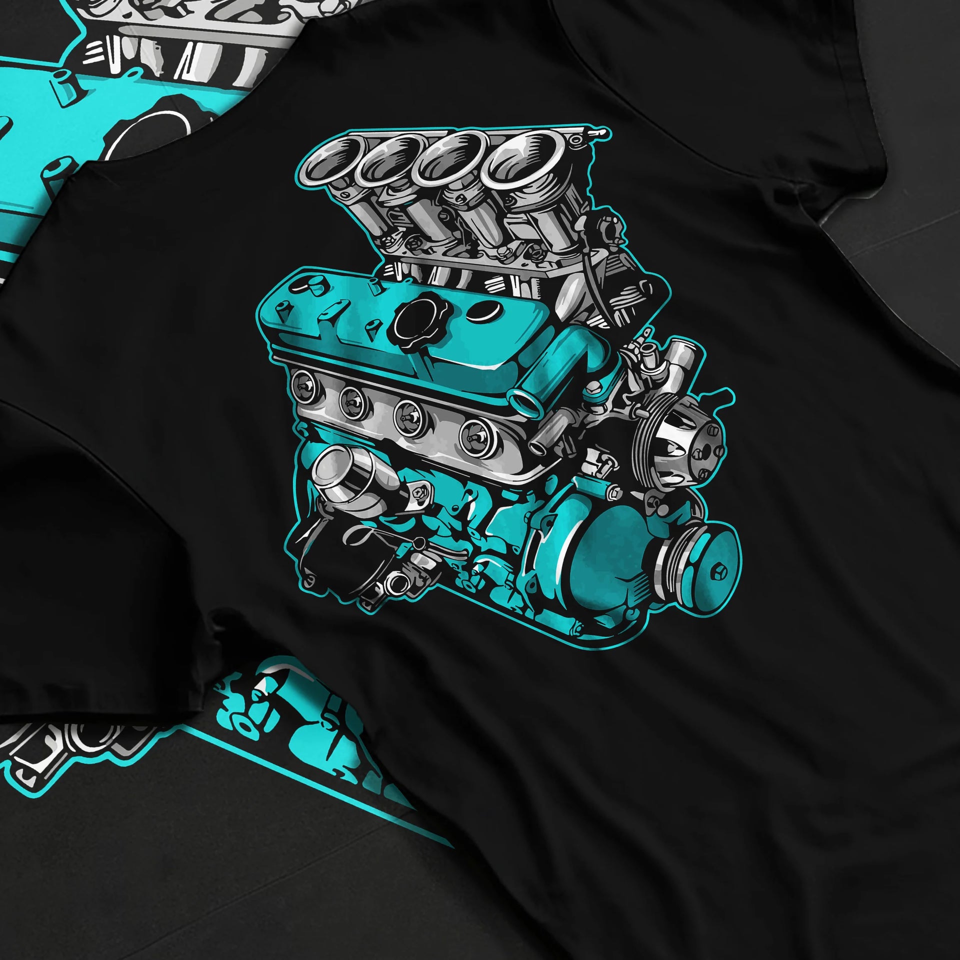 Black T-shirt laid flat with natural fabric folds, featuring tuning racing street performance motorsport automotive graphic.