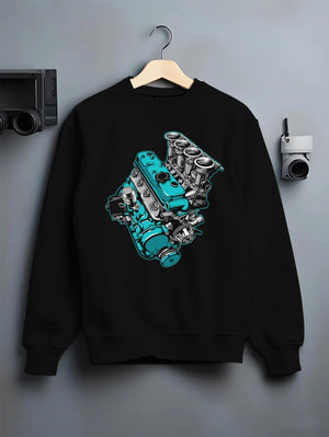Black crewneck sweatshirt on a hanger against a grey wall, featuring tuning racing street performance motorsport automotive graphic.