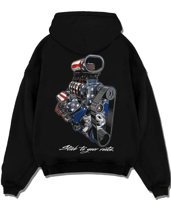 Black pullover hoodie laid flat on a white background, featuring v8 american muscle retro classic enthusiast racing street graphic.