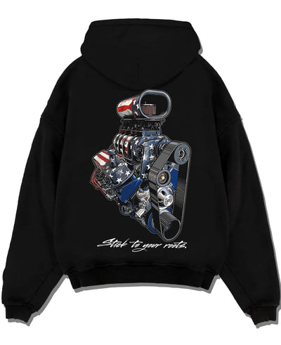 Black pullover hoodie laid flat on a white background, featuring v8 american muscle retro classic enthusiast racing street graphic.