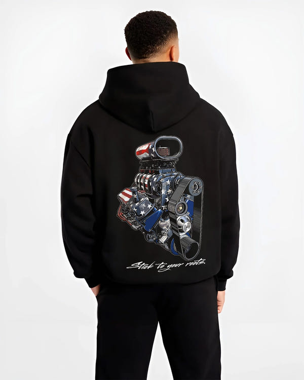 Black hoodie worn by a male model, back view, featuring v8 american muscle retro classic enthusiast racing street graphic.