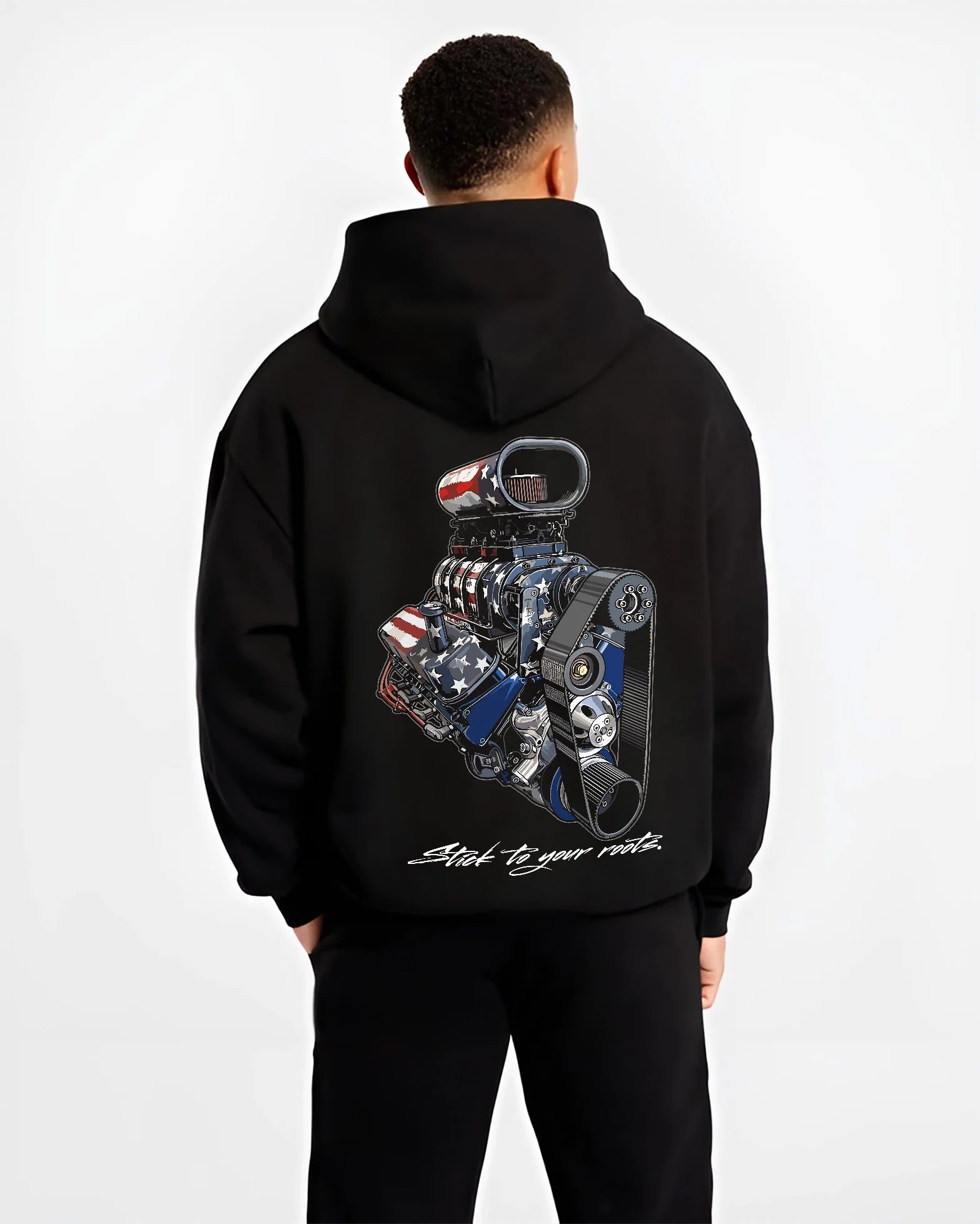 Black hoodie worn by a male model, back view, featuring v8 american muscle retro classic enthusiast racing street graphic.