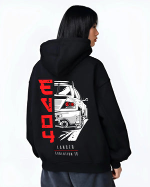 Black hoodie worn by a female model, back view, featuring Mitsubishi EVO turbo racing drift track jdm street enthusiast graphic.
