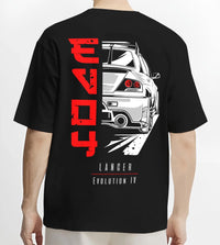 Black T-shirt worn by a male model, back view, featuring Mitsubishi EVO turbo racing drift track jdm street enthusiast graphic.