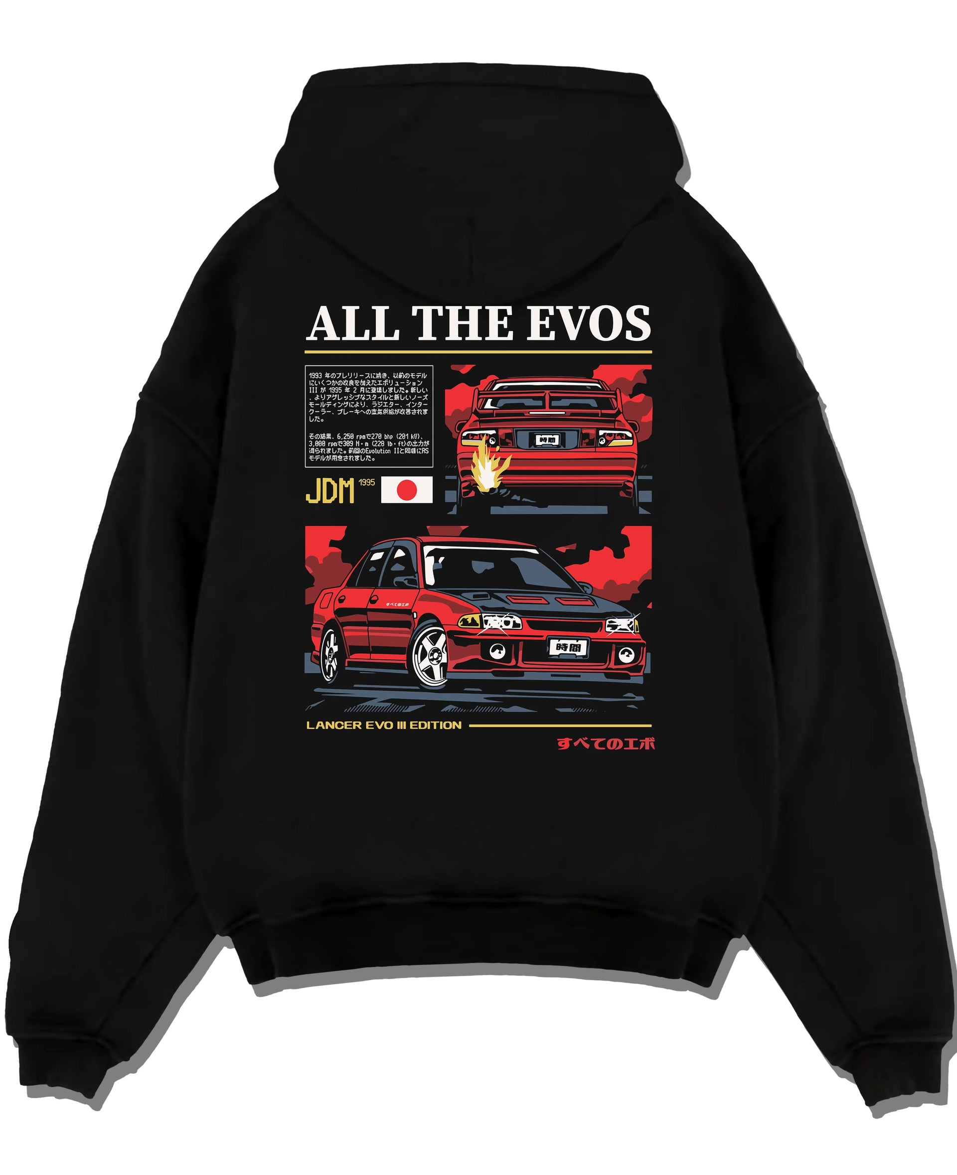 Black pullover hoodie laid flat on a white background, featuring Mitsubishi Lancer Evo III evo lancer turbo jdm legend graphic.