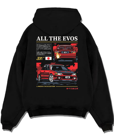 Black pullover hoodie laid flat on a white background, featuring Mitsubishi Lancer Evo III evo lancer turbo jdm legend graphic.