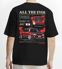 Black T-shirt worn by a male model, back view, featuring Mitsubishi Lancer Evo III evo lancer turbo jdm legend racing graphic.