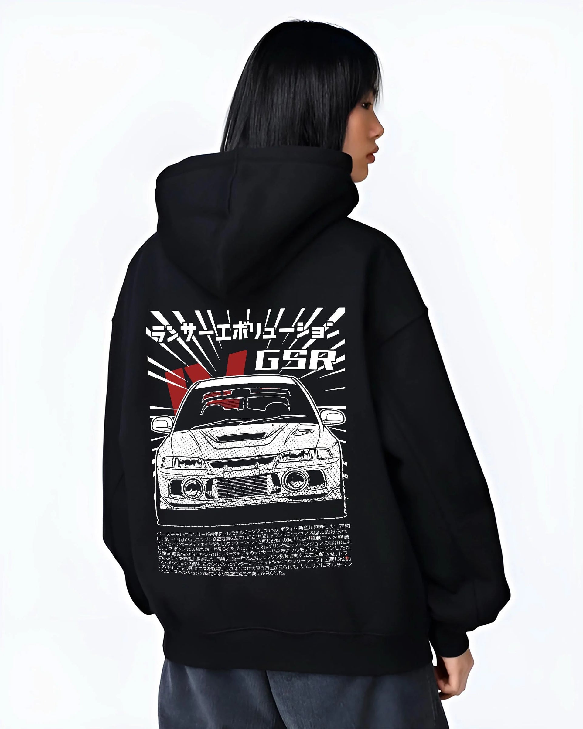 Black hoodie worn by a female model, back view, featuring Mitsubishi EVO lancer turbo racing drift jdm japanese street graphic.