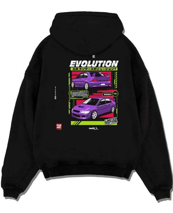 Black pullover hoodie laid flat on a white background, featuring Mitsubishi Lancer Evo VII evo lancer turbo racing jdm graphic.