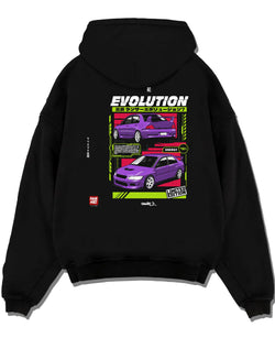 Black pullover hoodie laid flat on a white background, featuring Mitsubishi Lancer Evo VII evo lancer turbo racing jdm graphic.