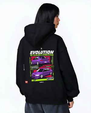 Black hoodie worn by a female model, back view, featuring Mitsubishi Lancer Evo VII evo lancer turbo racing jdm street graphic.