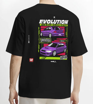 Black T-shirt worn by a male model, back view, featuring Mitsubishi Lancer Evo VII evo lancer turbo racing jdm street graphic.