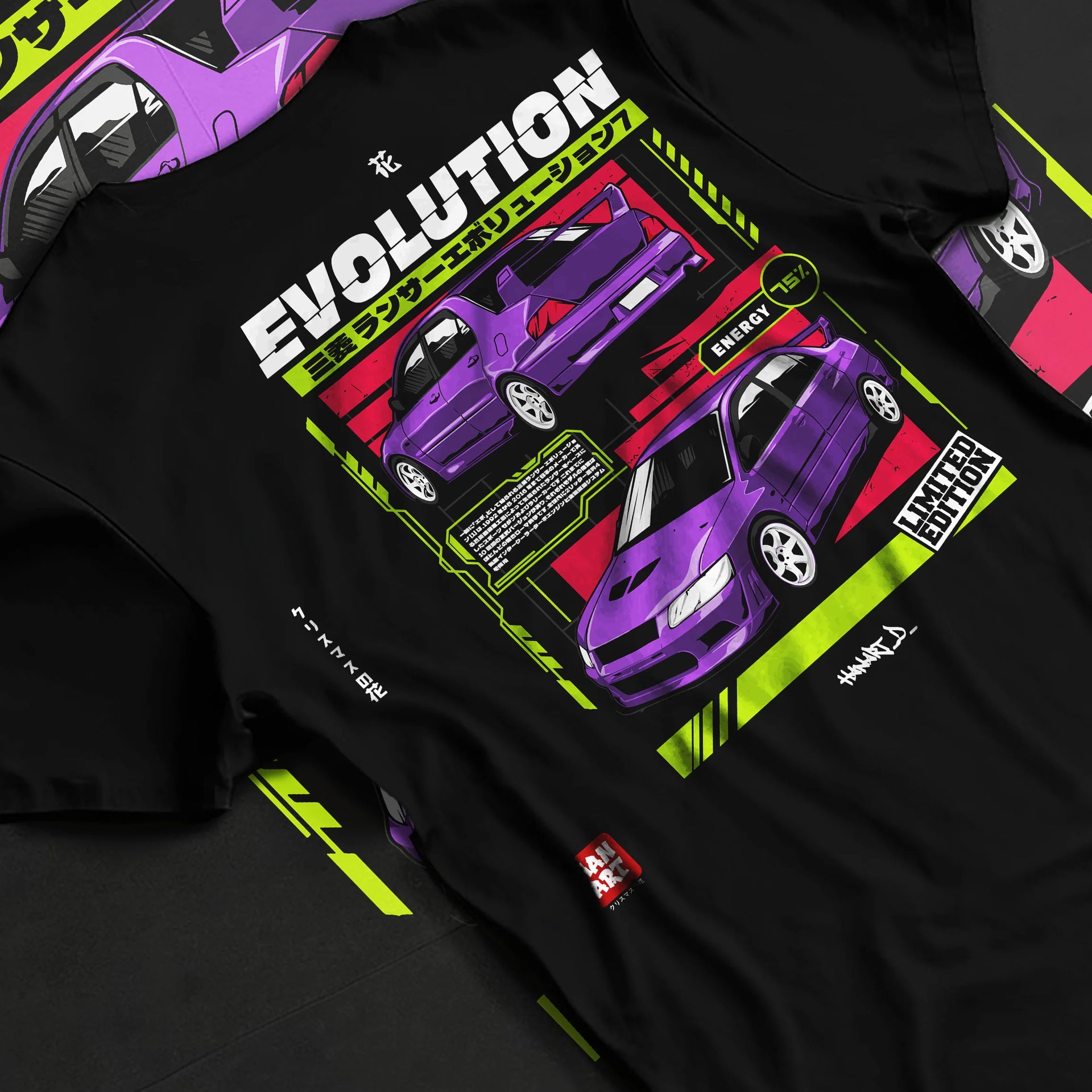 Black T-shirt laid flat with natural fabric folds, featuring Mitsubishi Lancer Evo VII evo lancer turbo racing jdm street graphic.