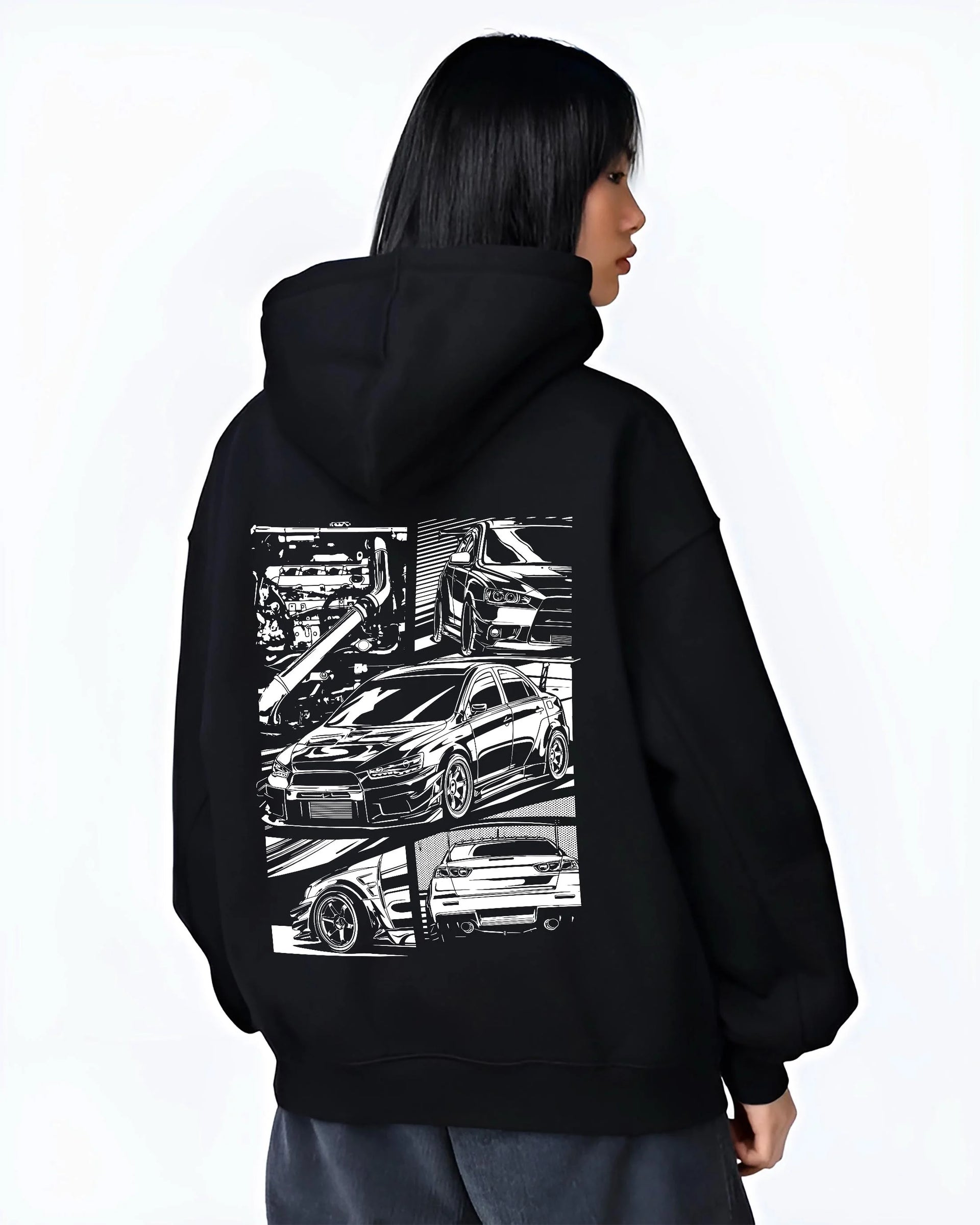 Black hoodie worn by a female model, back view, featuring Mitsubishi Lancer Evo X evo lancer turbo jdm racing street graphic.