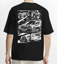 Black T-shirt worn by a male model, back view, featuring Mitsubishi Lancer Evo X evo lancer turbo jdm racing street graphic.