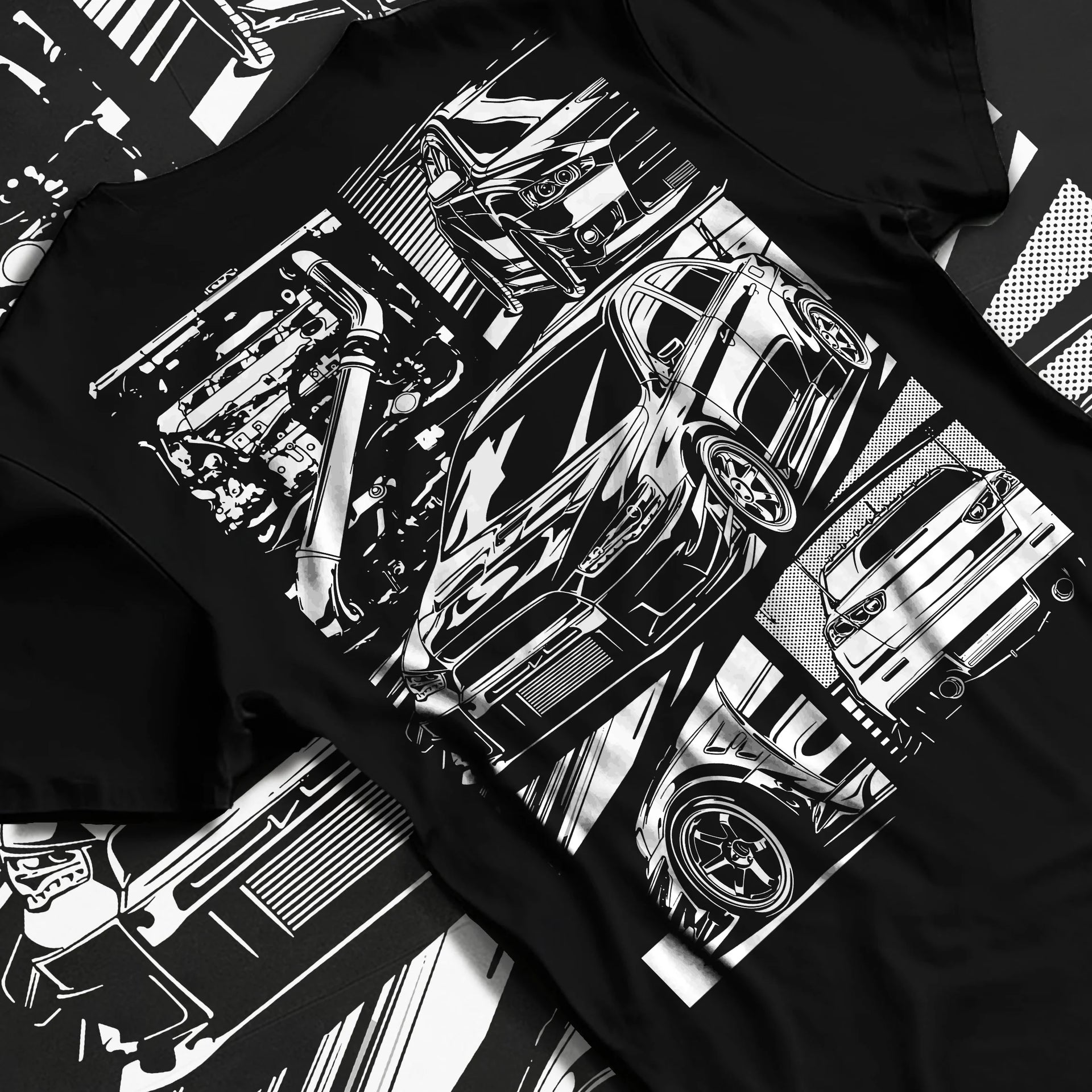 Black T-shirt laid flat with natural fabric folds, featuring Mitsubishi Lancer Evo X evo lancer turbo jdm racing street graphic.