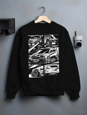 Black crewneck sweatshirt on a hanger against a grey wall, featuring Mitsubishi Lancer Evo X evo lancer turbo jdm racing graphic.