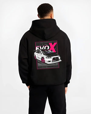 Black hoodie worn by a male model, back view, featuring Mitsubishi Lancer Evo X evo lancer jdm street racing performance graphic.