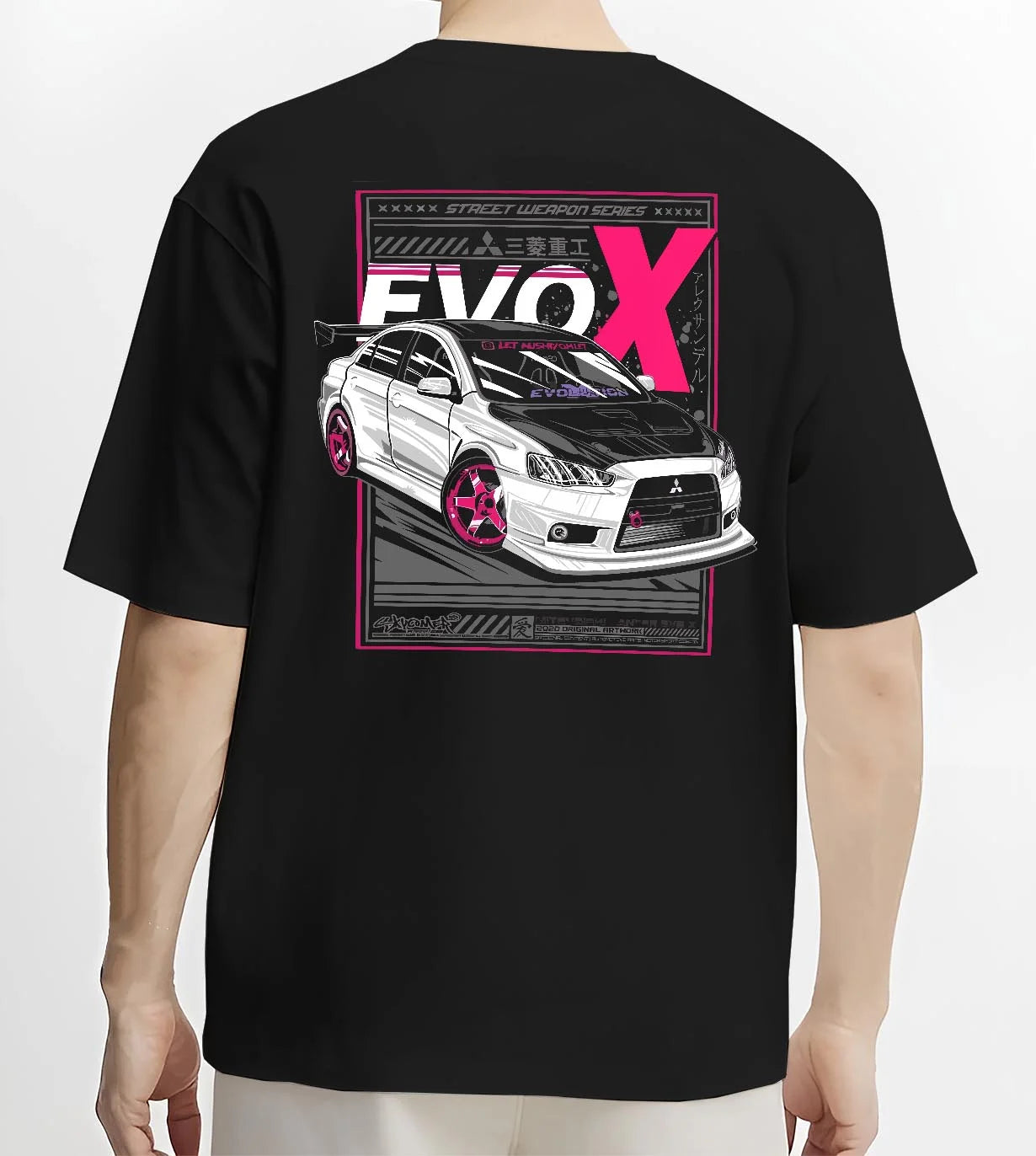 Black T-shirt worn by a male model, back view, featuring Mitsubishi Lancer Evo X evo lancer jdm street racing performance graphic.