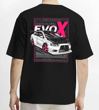 Black T-shirt worn by a male model, back view, featuring Mitsubishi Lancer Evo X evo lancer jdm street racing performance graphic.