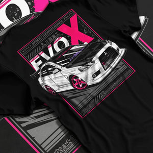 Black T-shirt laid flat with natural fabric folds, featuring Mitsubishi Lancer Evo X evo lancer jdm street racing graphic.