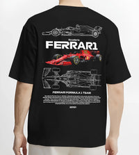 Black T-shirt worn by a male model, back view, featuring Ferrari rs racing f1 formula motorsport speed street graphic.