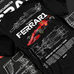 Black T-shirt laid flat with natural fabric folds, featuring Ferrari rs racing f1 formula motorsport speed street graphic.