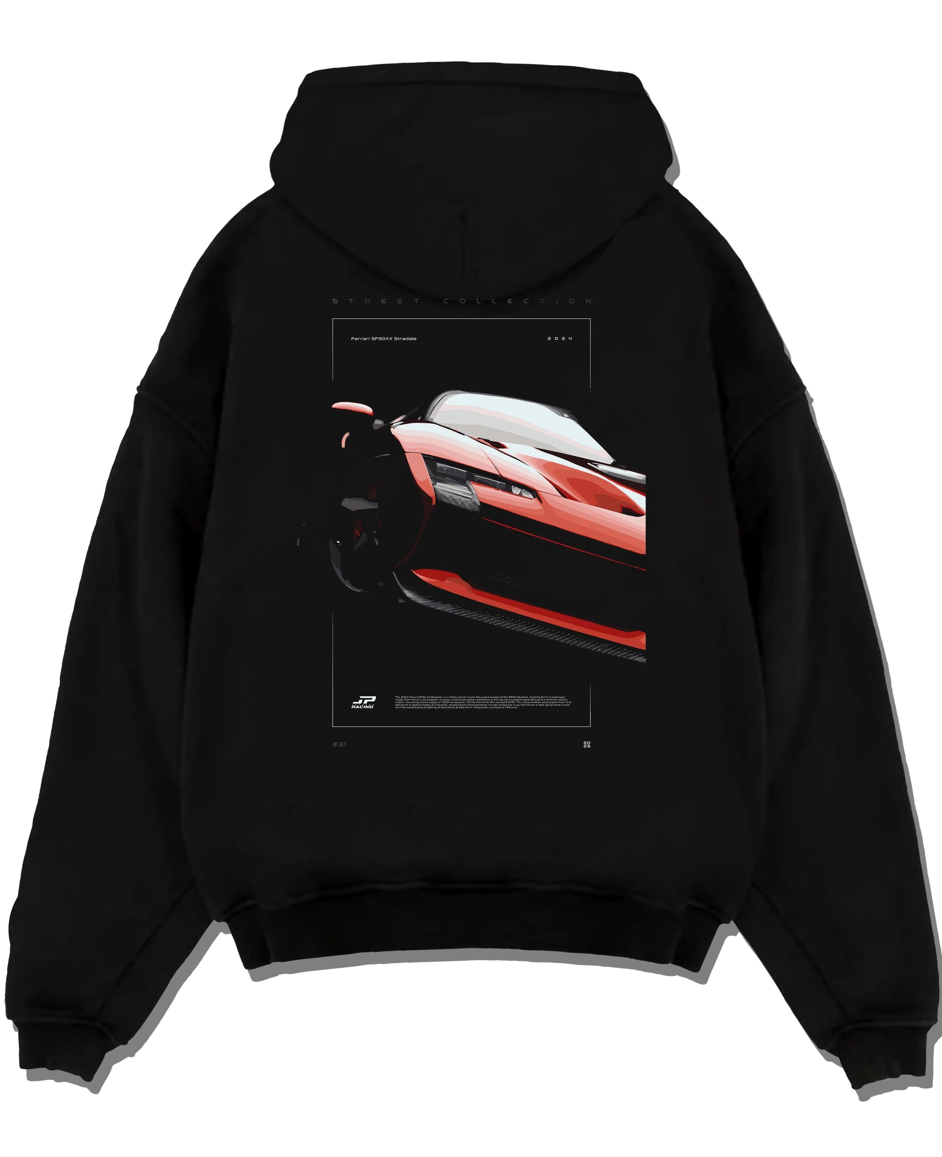 Black pullover hoodie laid flat on a white background, featuring Ferrari SF90 racing street performance motorsport graphic.