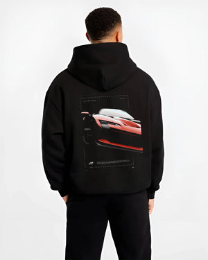 Black hoodie worn by a male model, back view, featuring Ferrari SF90 racing street performance motorsport automotive graphic.