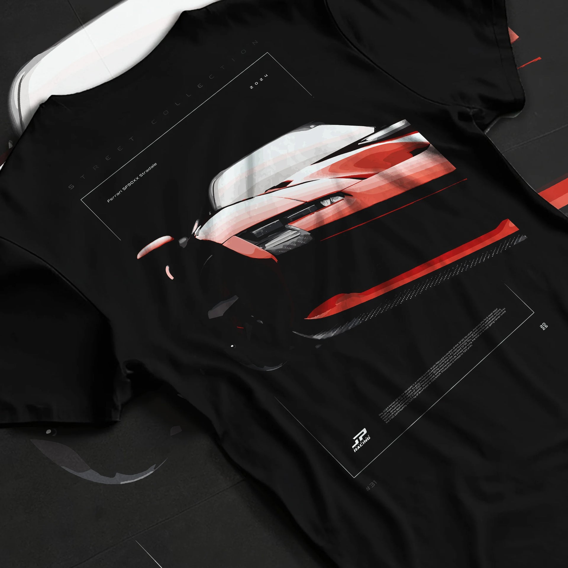 Black T-shirt laid flat with natural fabric folds, featuring Ferrari SF90 racing street performance motorsport automotive graphic.