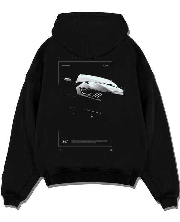 Black pullover hoodie laid flat on a white background, featuring Ford Mustang rs racing muscle street retro performance graphic.