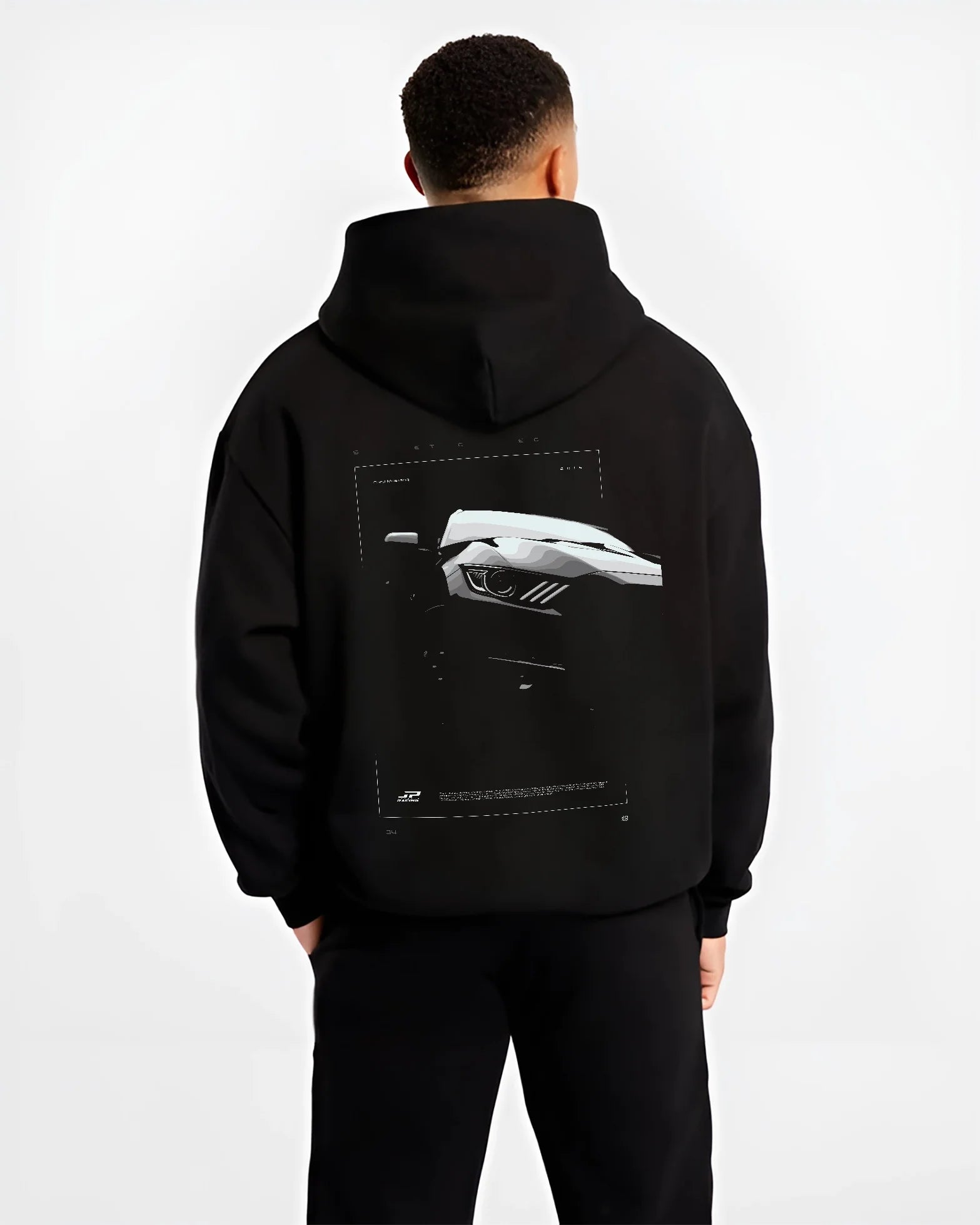 Black hoodie worn by a male model, back view, featuring Ford Mustang rs racing muscle street retro performance graphic.