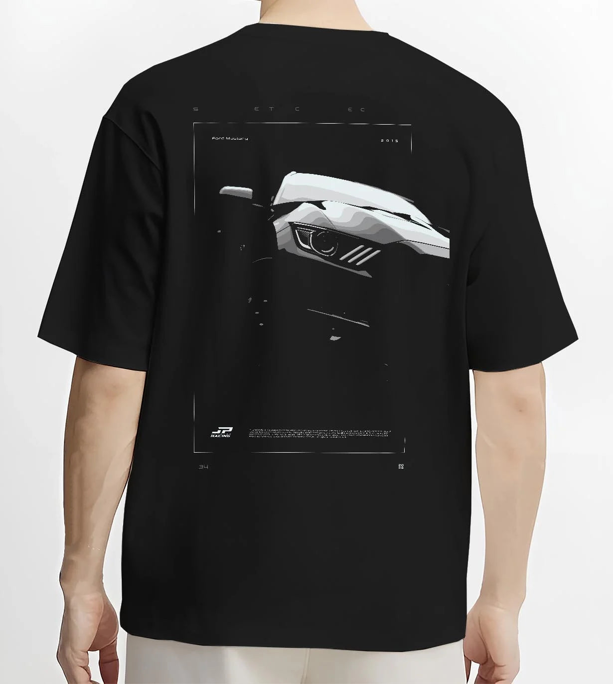 Black T-shirt worn by a male model, back view, featuring Ford Mustang rs racing muscle street retro performance graphic.