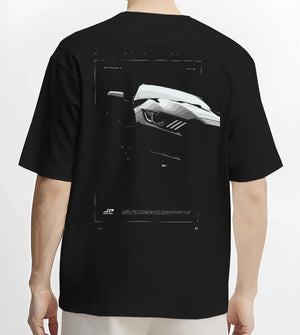 Black T-shirt worn by a male model, back view, featuring Ford Mustang rs racing muscle street retro performance graphic.