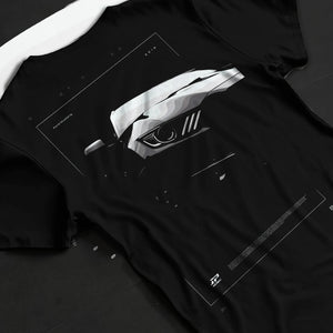 Black T-shirt laid flat with natural fabric folds, featuring Ford Mustang rs racing muscle street retro performance graphic.