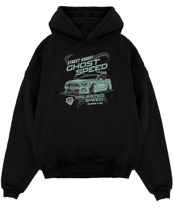 Black pullover hoodie laid flat on a white background, featuring Ford Mustang rs racing muscle street retro power graphic.